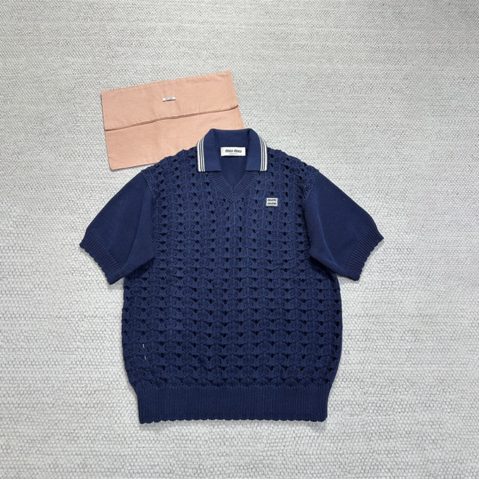 miumiu hollow knit short sleeve polo casual top